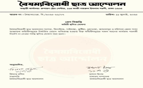 চুয়াডাঙ্গাসহ বৈষম্যবিরোধী ছাত্র আন্দোলনের সাত জেলা কমিটি স্থগিত