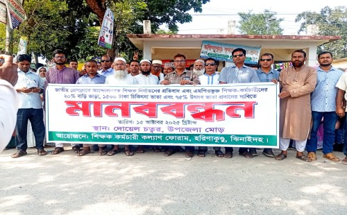 হরিণাকুণ্ডুতে এমপিওভুক্ত শিক্ষক-কর্মচারীদের মানববন্ধন