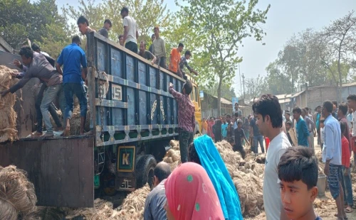 জীবননগর উথলী বাজারে পাটবোঝাই ট্রাকে আগুন