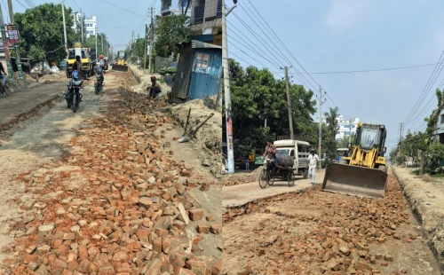 ৪০ কোটি টাকার সড়ক নির্মাণে খোয়ার বদলে দেওয়া হচ্ছে আস্ত ইট!