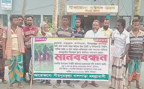 খাল খনন ও অবৈধ বাঁধ অপসারণের দাবিতে দামুড়হুদার পীরপুরকুল্লায় মানববন্ধন